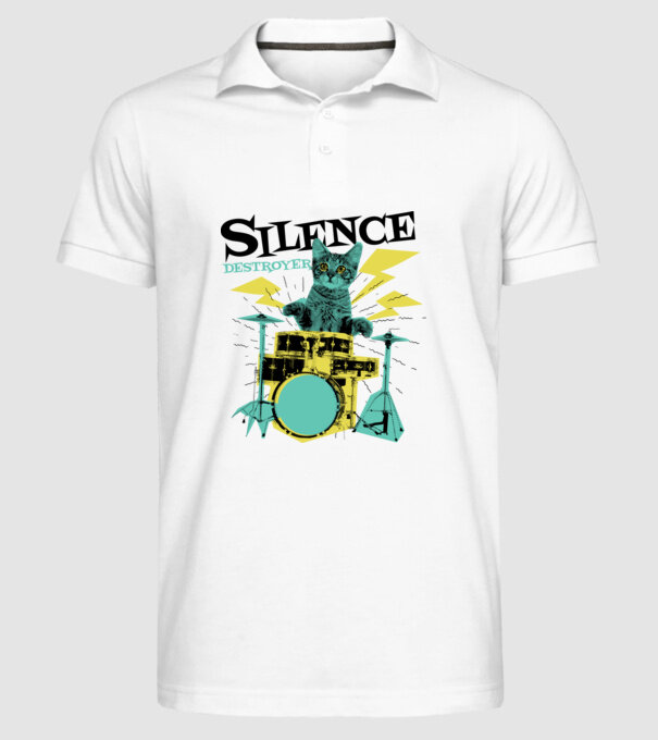 Pisică Baterist - Silence Destroyer model alb pe tricou