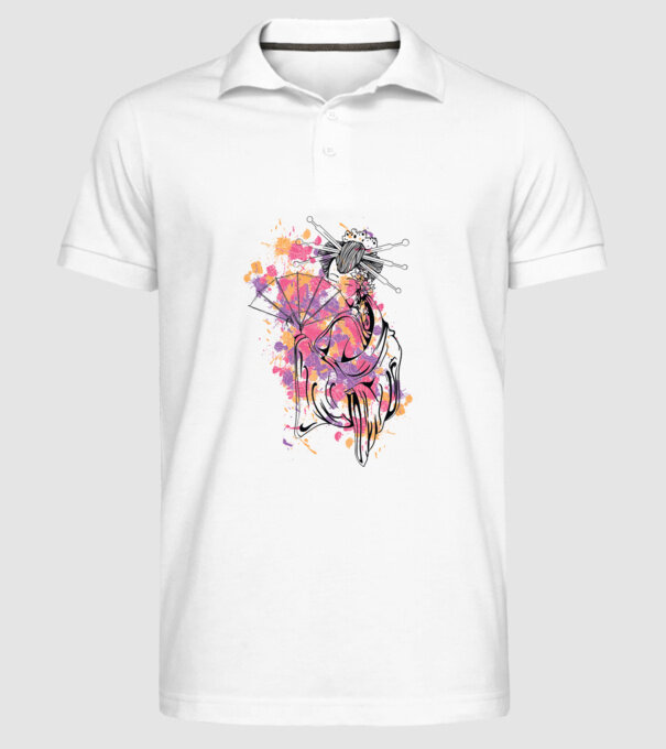 Geisha cu evantai model alb pe tricou