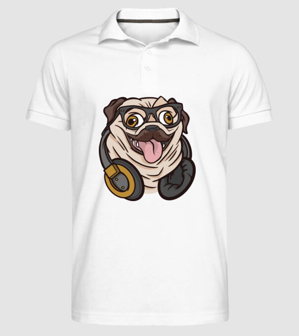 Mops cu căști model alb pe tricou