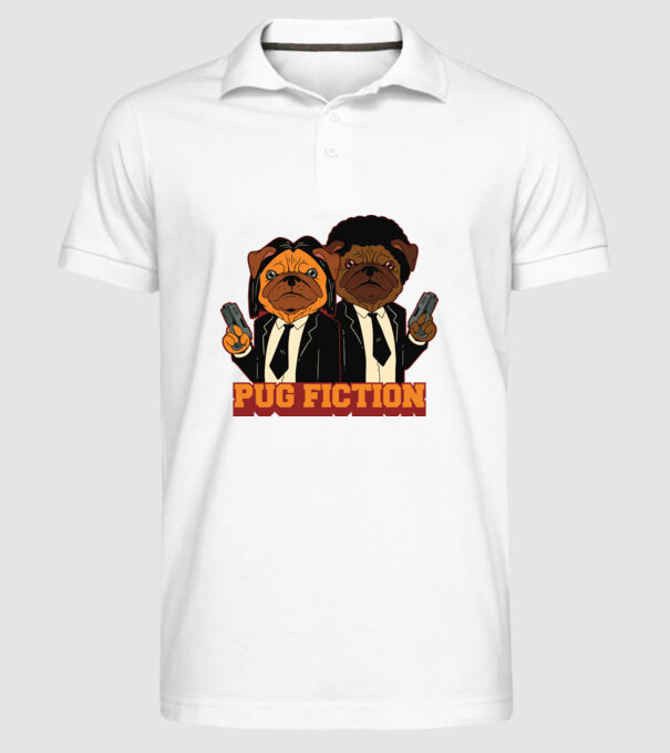 Pug Fiction Pugs Mops Pulp Fiction parodie model alb pe tricou