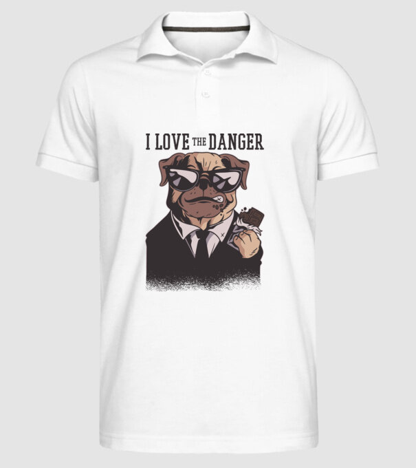 Iubesc pericolul Tricou cu mops model alb pe tricou