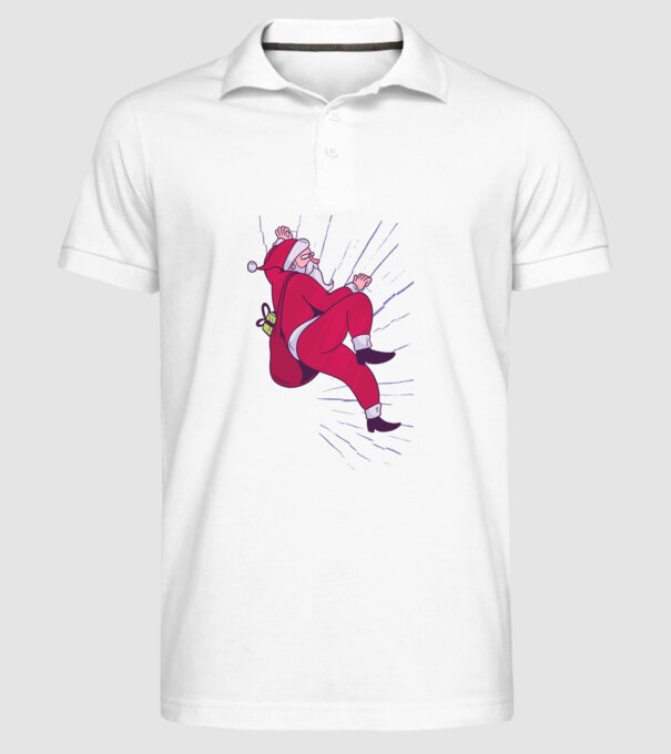 Moș Crăciun se cațără cu cadouri - tricou Crăciun model alb pe tricou