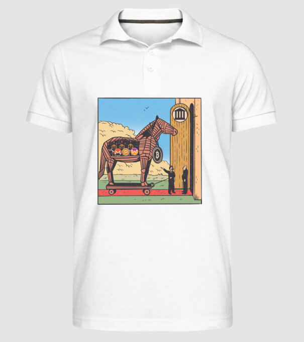 Cal troian Bitcoin model alb pe tricou