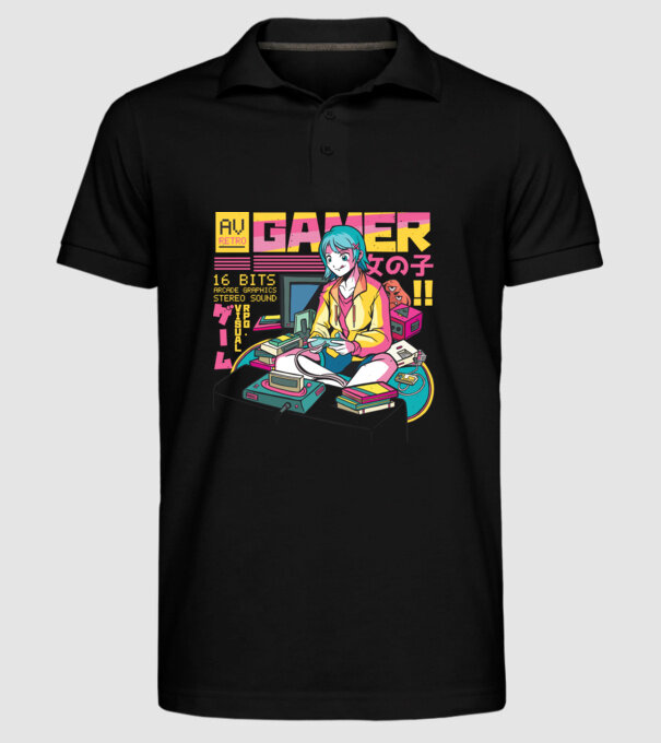 Anime fată Gamer model negru pe tricou
