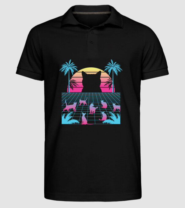 Pisică Vaporwave neon model negru pe tricou