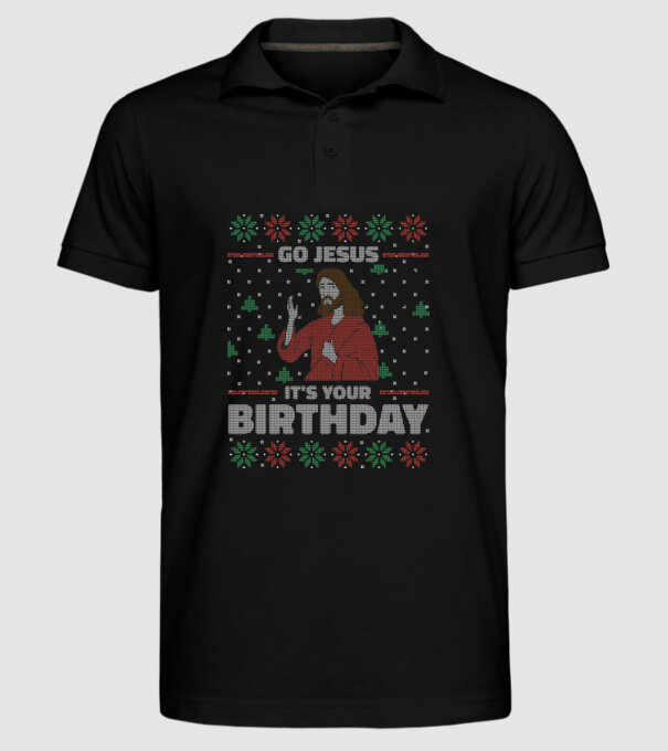 'Go Jesus, It''s Your Birthday Ugly Sweater' model negru pe tricou