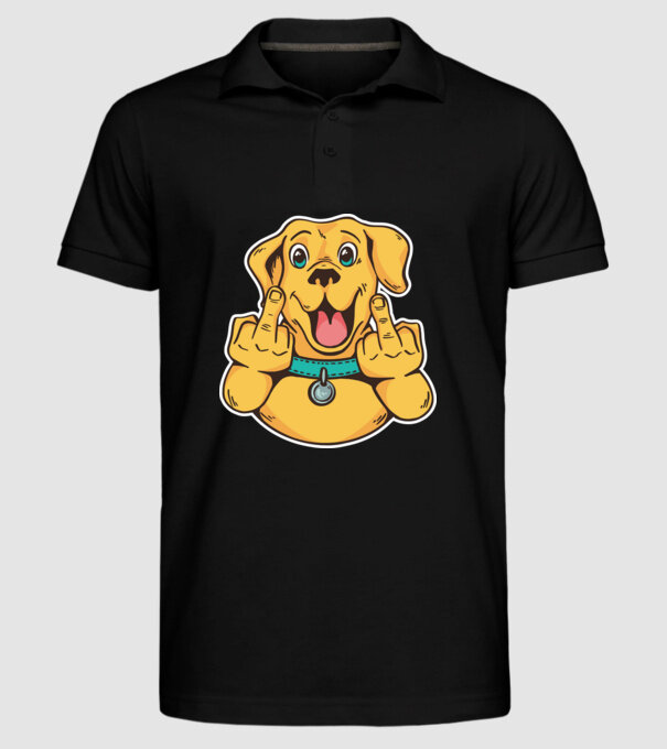 Golden Retriever arată degetul model negru pe tricou