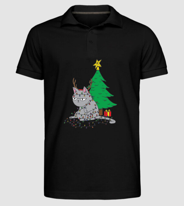Pisicuță încurcată în becurile pomului de Crăciun model negru pe tricou