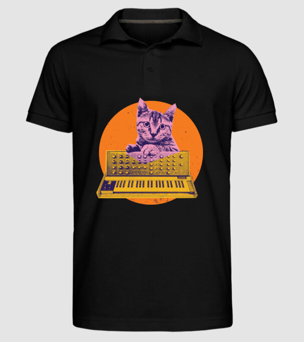 Pisică cu sintetizator model negru pe tricou