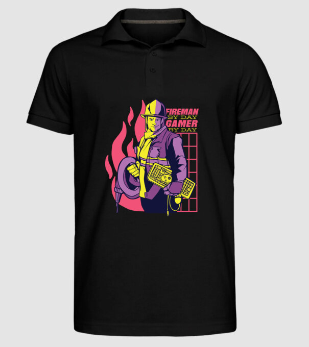 Pompier ziua, Gamer noaptea model negru pe tricou