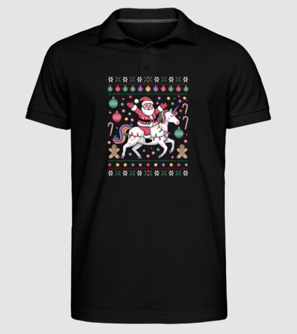 Moș Crăciun pe un pulover urât unicorn model negru pe tricou