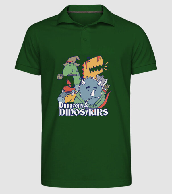 Dungeons and Dinosaurs model verde închis pe tricou