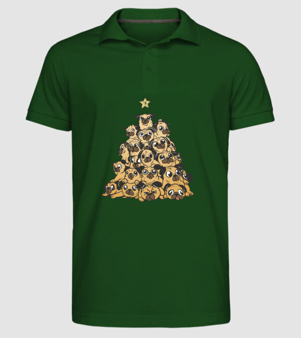 pom de Crăciun cu cățel (mops) model verde închis pe tricou