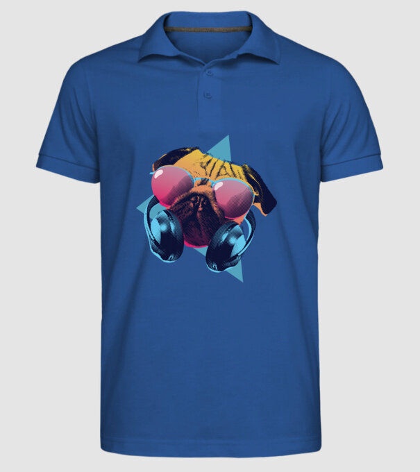 Mops cu căști model albastru regal pe tricou
