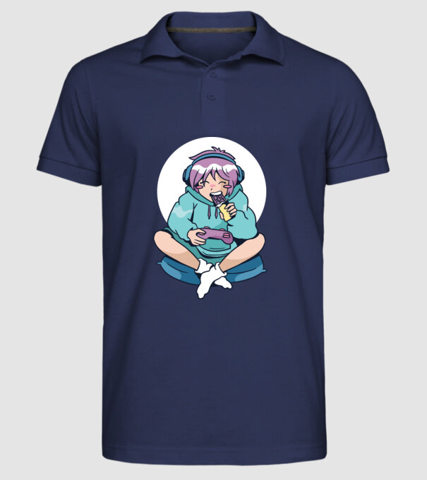 Anime Gamer Fată cu ciocolată model albastru închis pe tricou