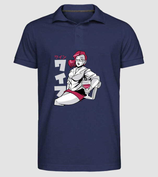 Anime fată cu vin model albastru închis pe tricou