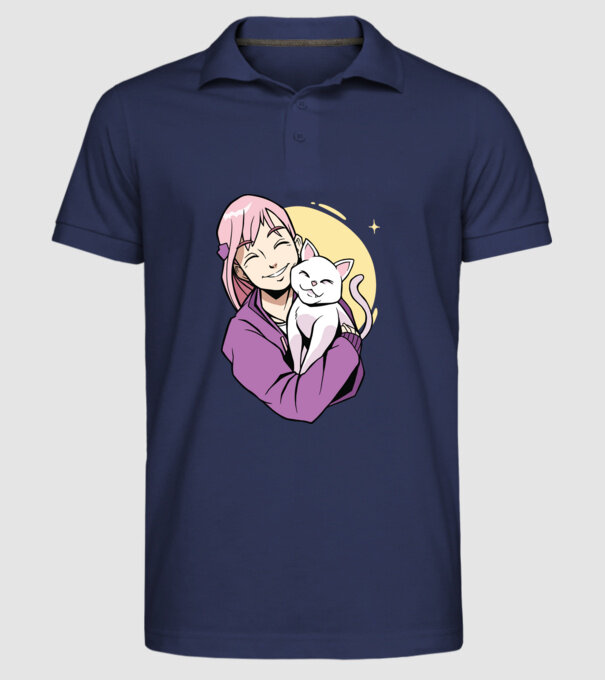 Anime fată cu pisică model albastru închis pe tricou