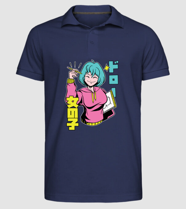 Anime fată desenând model albastru închis pe tricou