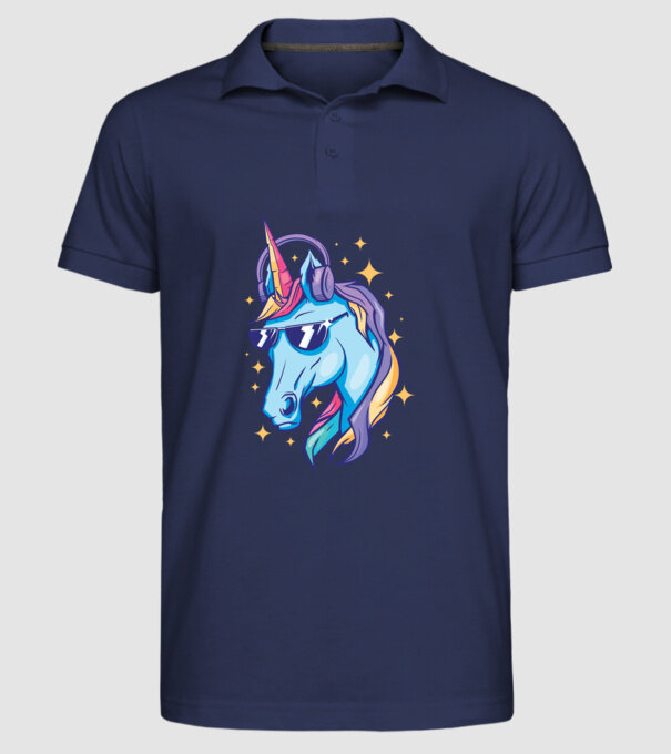 Unicorn strălucitor cu căști model albastru închis pe tricou