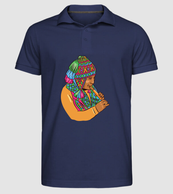 Muzician peruan indigen model albastru închis pe tricou