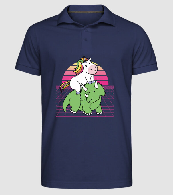 Unicorn pe dinozaur retro model albastru închis pe tricou