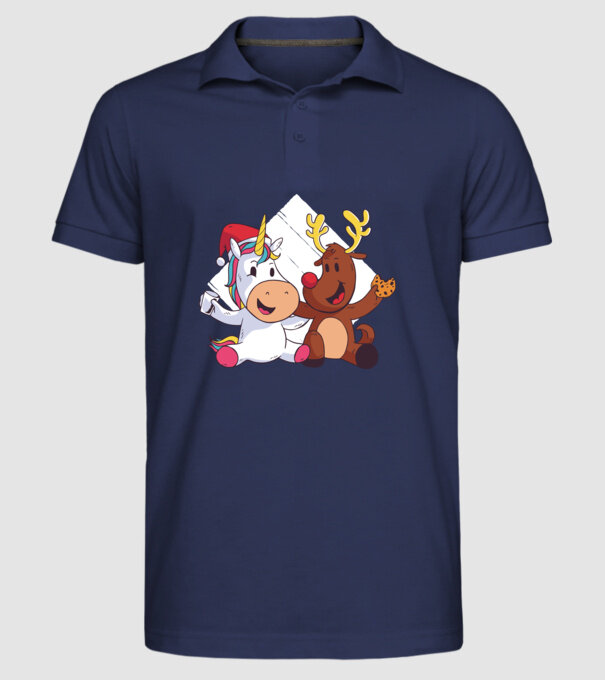 Unicorn și Ren prietenie tricou drăguț de Crăciun model albastru închis pe tricou