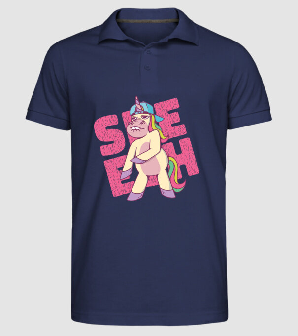 Unicorn Shesh model albastru închis pe tricou