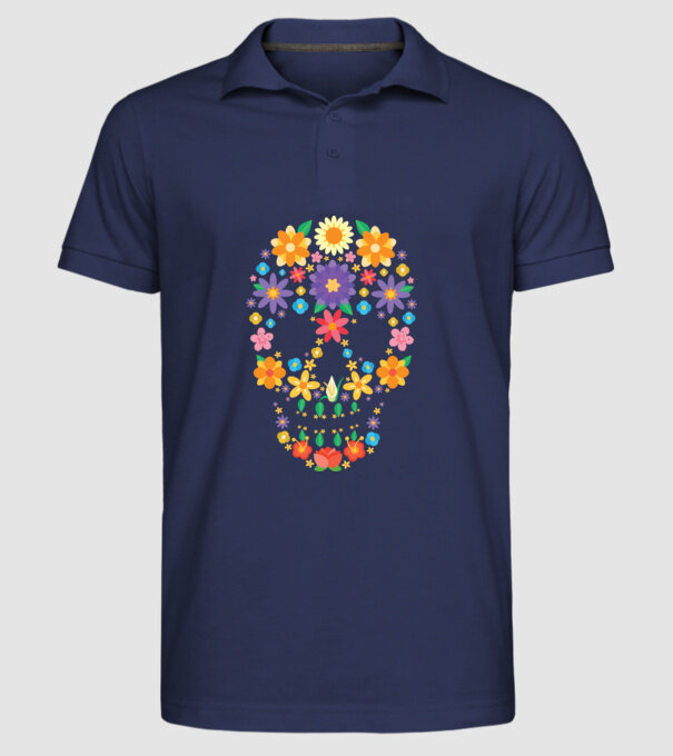 Craniu cu Flori model albastru închis pe tricou