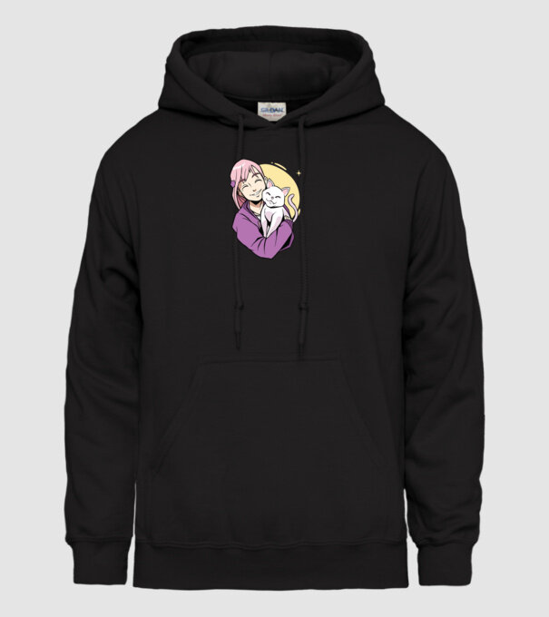 Anime fată cu pisică model negru pe tricou