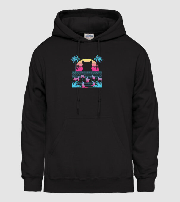 Pisică Vaporwave neon model negru pe tricou
