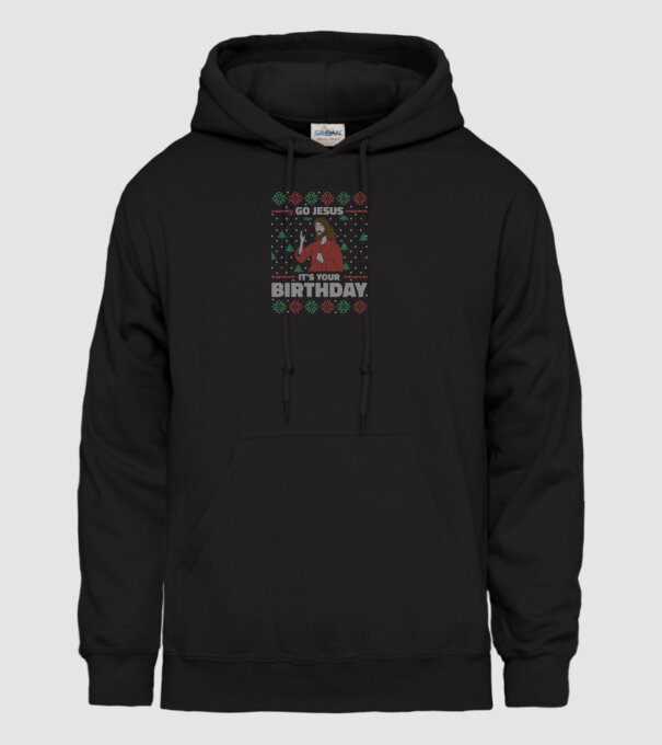 'Go Jesus, It''s Your Birthday Ugly Sweater' model negru pe tricou