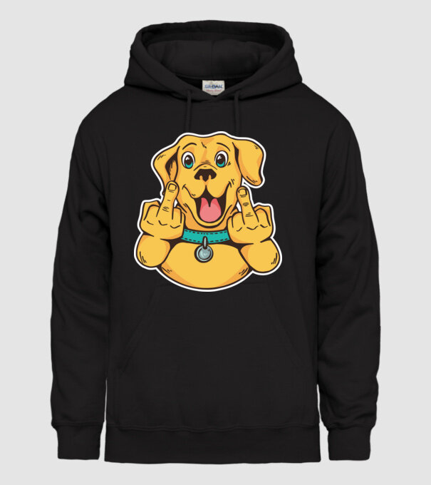 Golden Retriever arată degetul model negru pe tricou