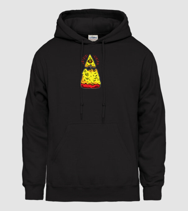 Illuminati Pizza model negru pe tricou