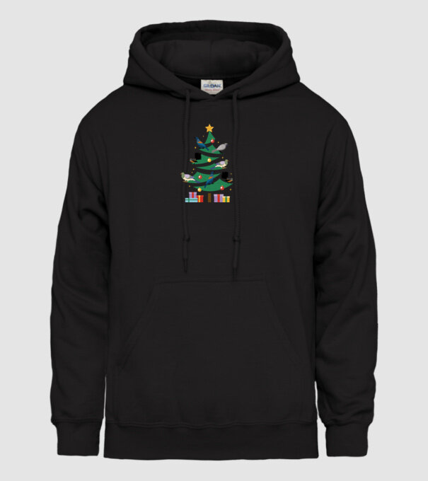 Pom de Crăciun cu păsări model negru pe tricou