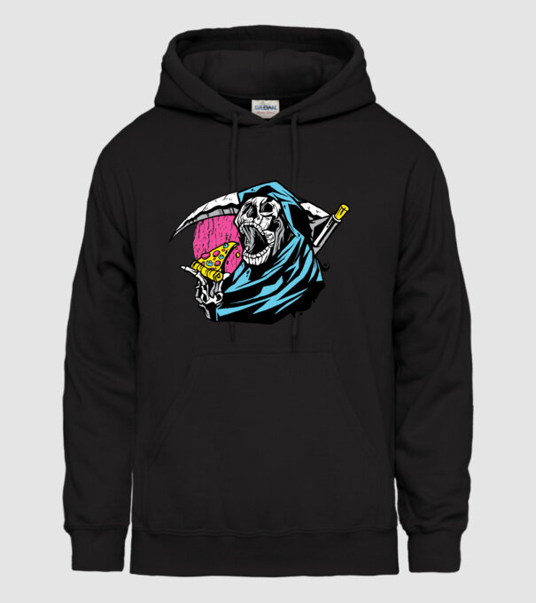 Om cu coasă și pizza model negru pe tricou