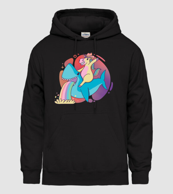 Unicorn pe rechin model negru pe tricou
