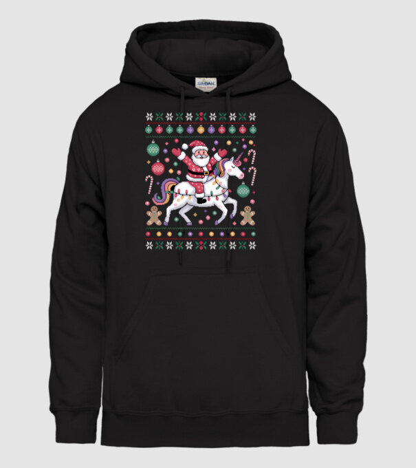 Moș Crăciun pe un pulover urât unicorn model negru pe tricou