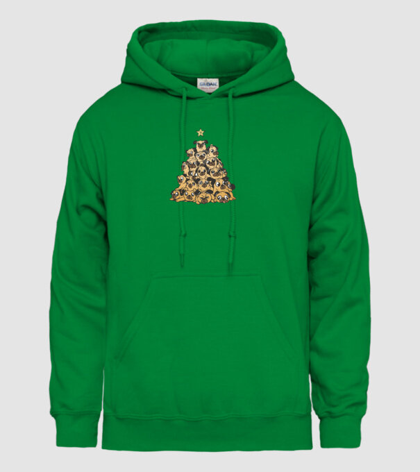 pom de Crăciun cu cățel (mops) model verde pe tricou