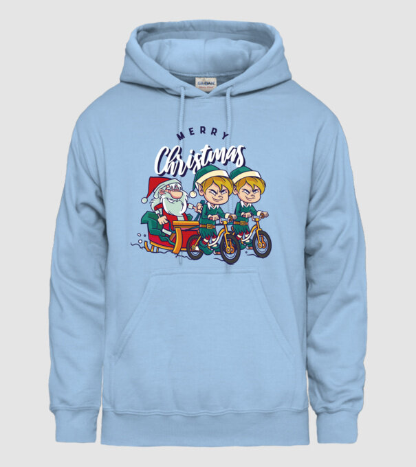 Merry Christmas Moș Crăciun cu sanie cu bicicletă model albastru deschis pe tricou