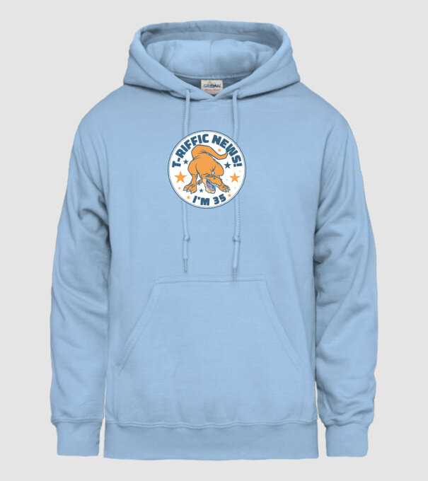 'T-rex Terrific news i''m 35' model albastru deschis pe tricou