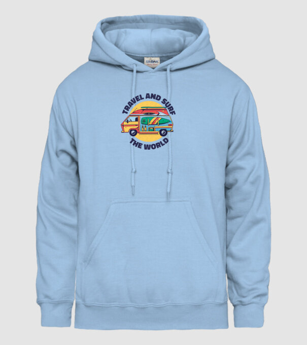 Călătorie și Surf în jurul lumii model albastru deschis pe tricou