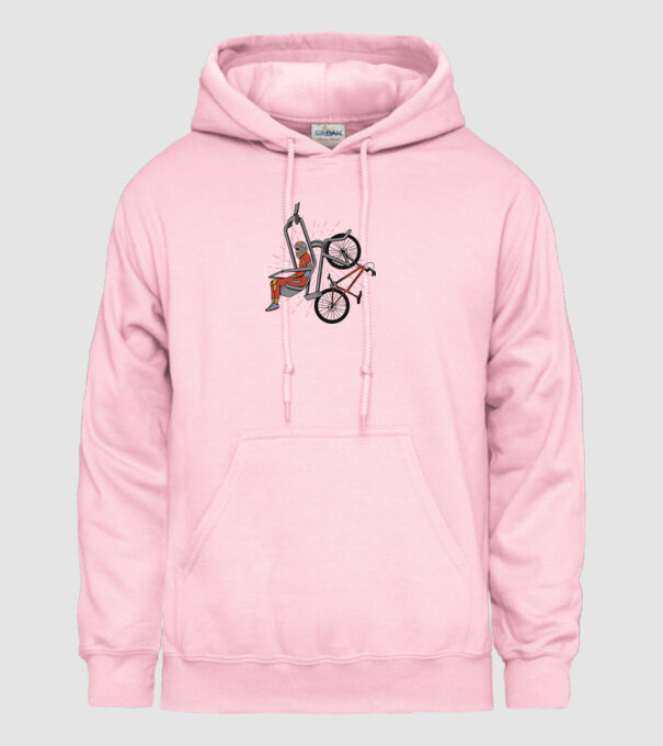 Biciclist montain bike pe teleferic model roz deschis pe tricou