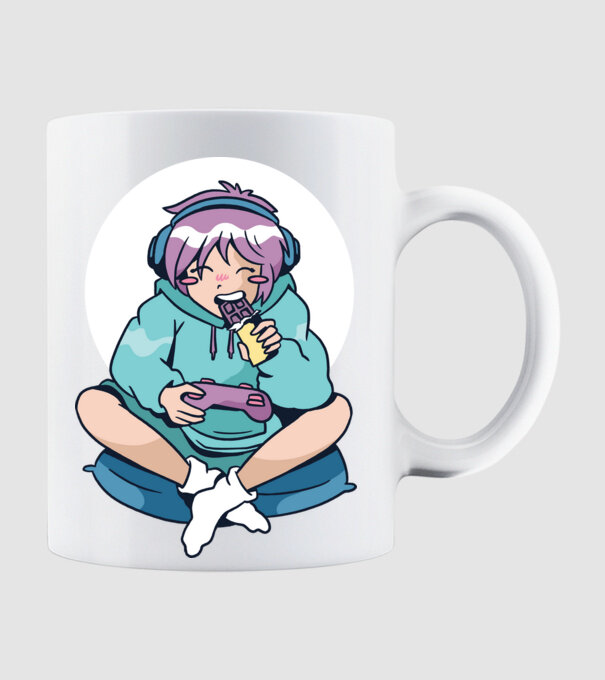 Anime Gamer Fată cu ciocolată model alb pe tricou