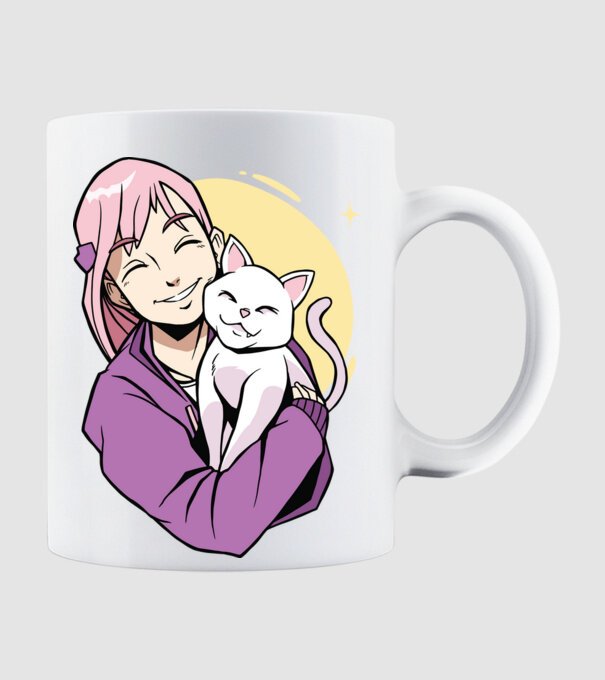 Anime fată cu pisică model alb pe tricou