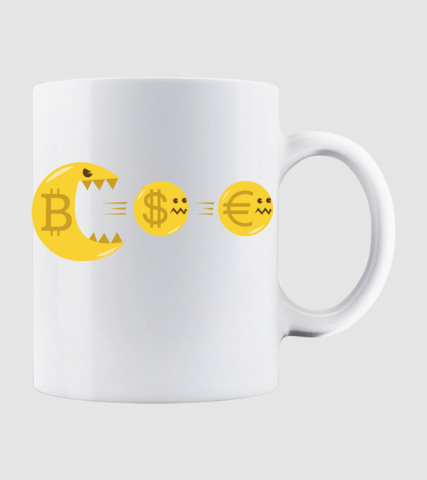 Bitcoin Pacman model alb pe tricou