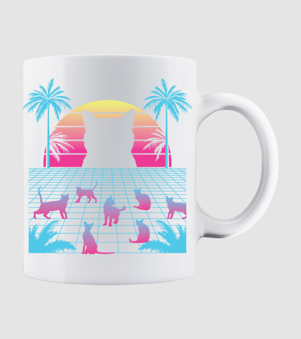 Pisică Vaporwave neon model alb pe tricou