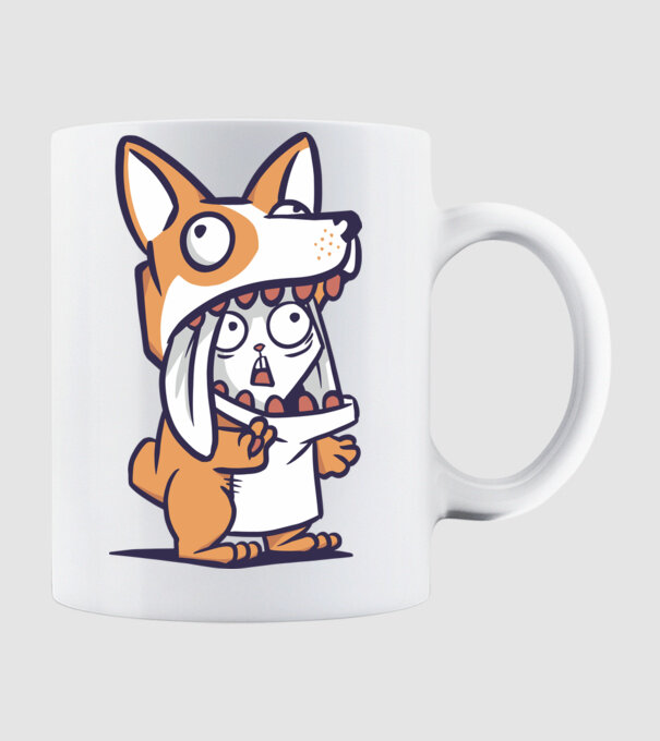 Iepuraș drăguț în costum Corgi model alb pe tricou