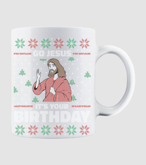 'Go Jesus, It''s Your Birthday Ugly Sweater' model alb pe tricou