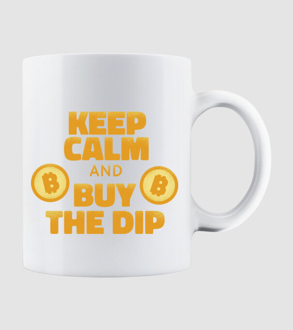 Keep calm and buy the dip Bitcoin model alb pe tricou