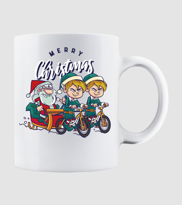 Merry Christmas Moș Crăciun cu sanie cu bicicletă model alb pe tricou